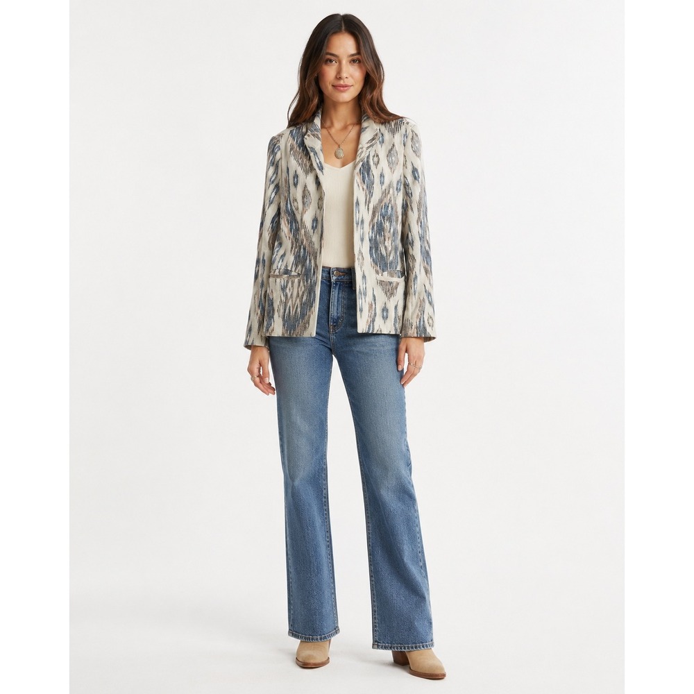 Woven Ikat Blazer Women Medium Cream Blue Open Front Boho Artisan Resort Chico's